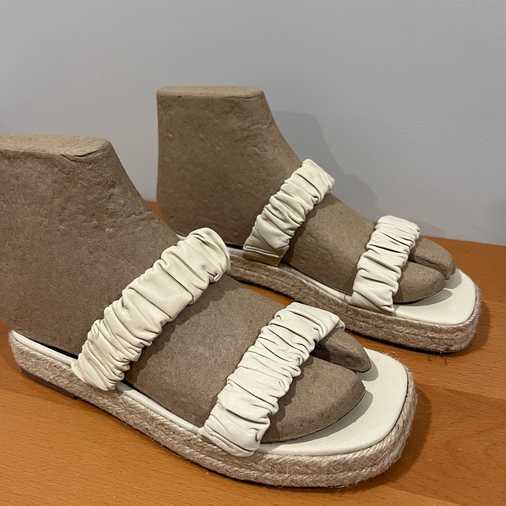 STAUD Cream Ruched Double Strap Espadrille Sandals